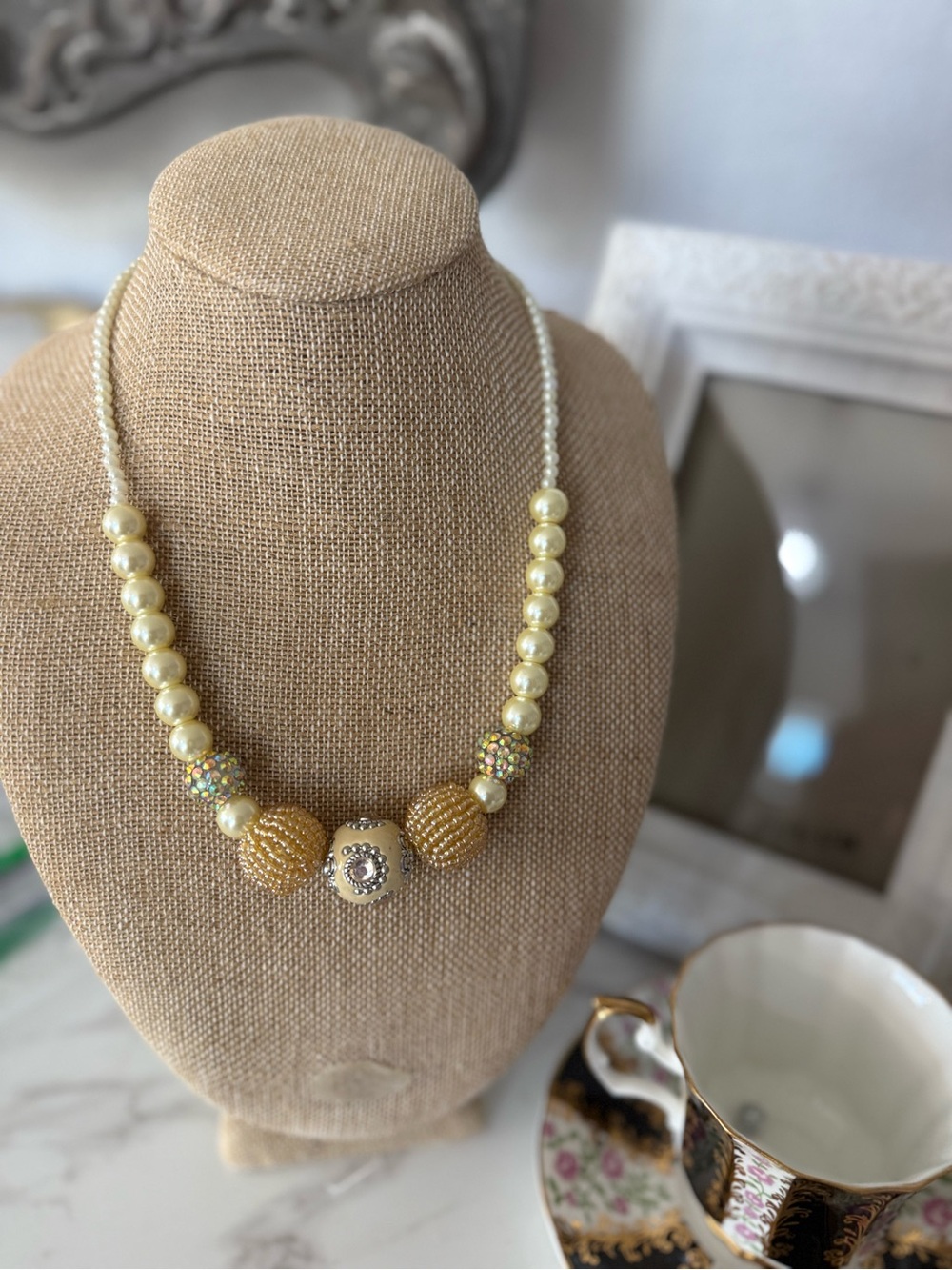Elegant Cream and Gold Bead Statement Necklace